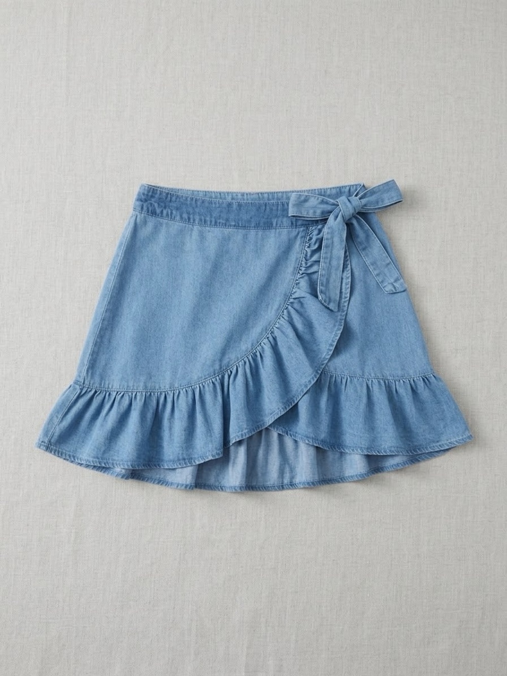 Denim-Style Light Blue Wrap Mini Skirt with Ruffle
